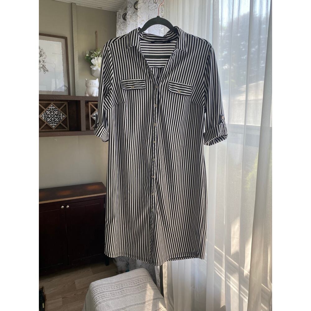 Mlle Gabrielle Womens Black & White Pinstripe Dress Size Large